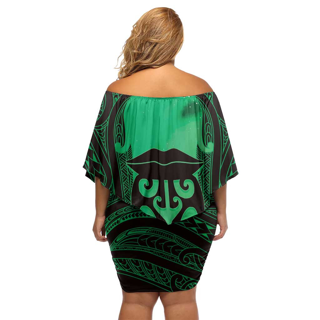 Personalised Moko Kauae New Zealand Family Matching Off Shoulder Short Dress and Hawaiian Shirt Maori Chin Tattoo Green - Polynesian Pride