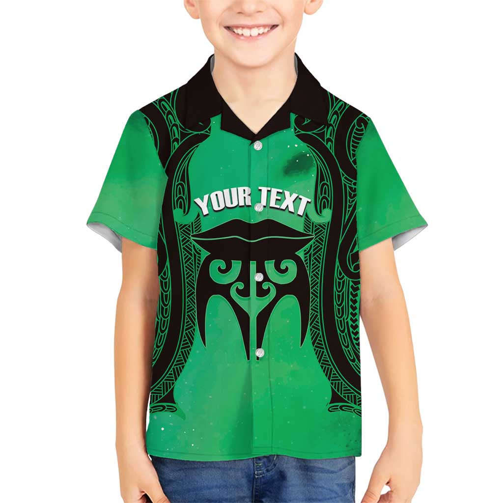 Personalised Moko Kauae New Zealand Family Matching Off Shoulder Short Dress and Hawaiian Shirt Maori Chin Tattoo Green - Polynesian Pride