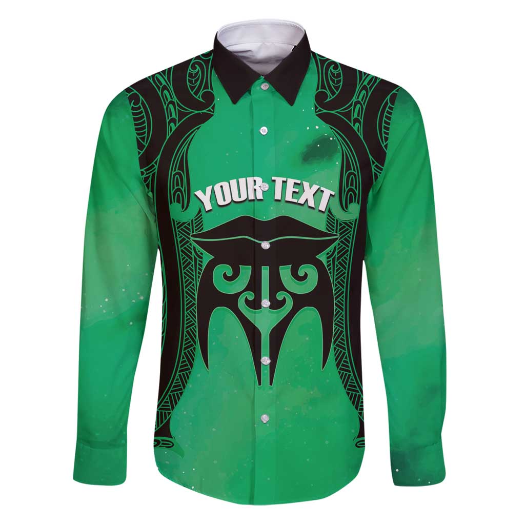 Personalised Moko Kauae New Zealand Family Matching Puletasi and Hawaiian Shirt Maori Chin Tattoo Green LT14 Dad's Shirt - Long Sleeve Green - Polynesian Pride