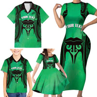 Personalised Moko Kauae New Zealand Family Matching Short Sleeve Bodycon Dress and Hawaiian Shirt Maori Chin Tattoo Green - Polynesian Pride