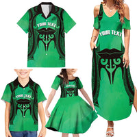 Personalised Moko Kauae New Zealand Family Matching Summer Maxi Dress and Hawaiian Shirt Maori Chin Tattoo Green - Polynesian Pride