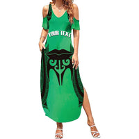 Personalised Moko Kauae New Zealand Family Matching Summer Maxi Dress and Hawaiian Shirt Maori Chin Tattoo Green - Polynesian Pride