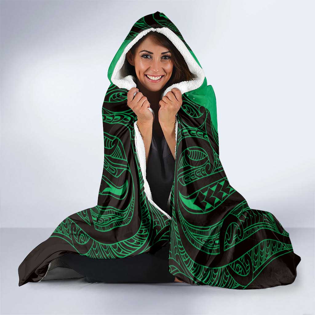 Personalised Moko Kauae New Zealand Hooded Blanket Maori Chin Tattoo Green - Polynesian Pride