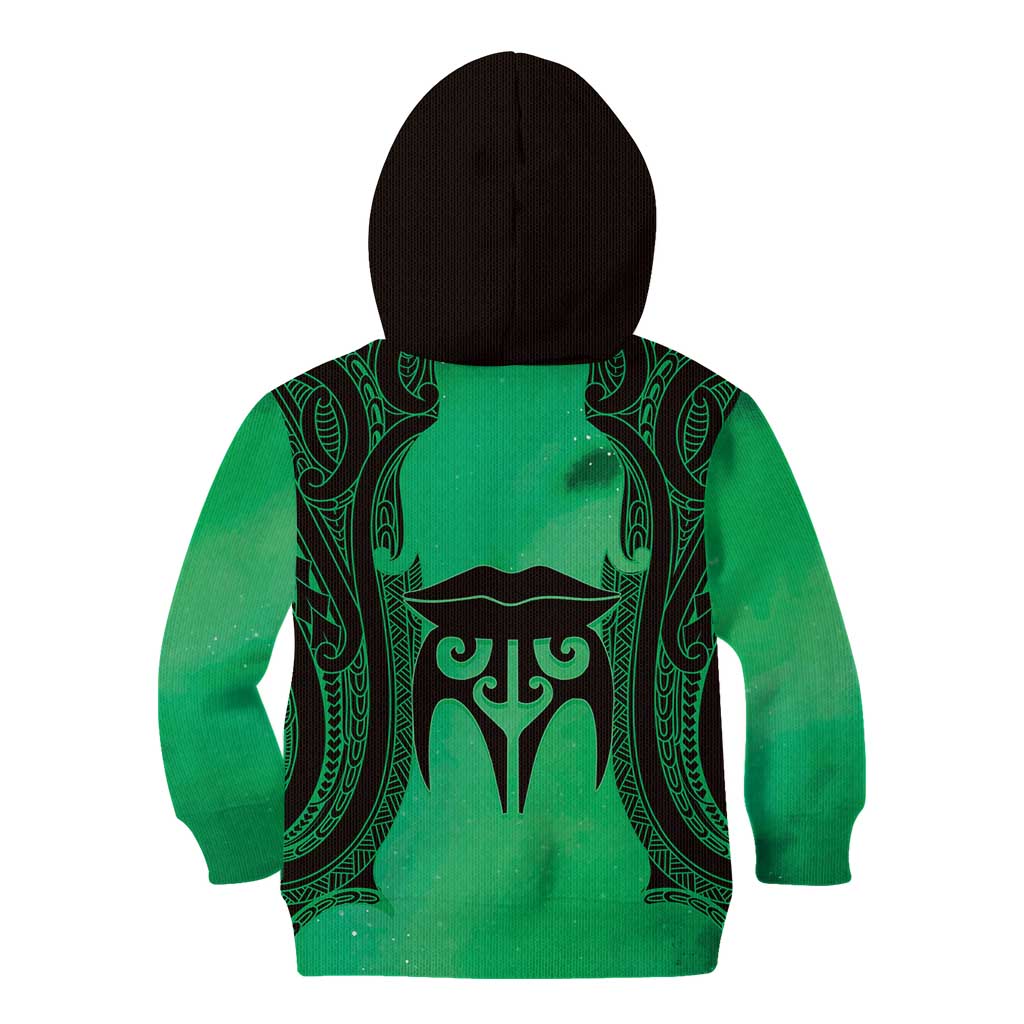 Personalised Moko Kauae New Zealand Kid Hoodie Maori Chin Tattoo Green - Polynesian Pride