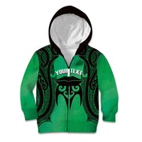 Personalised Moko Kauae New Zealand Kid Hoodie Maori Chin Tattoo Green - Polynesian Pride
