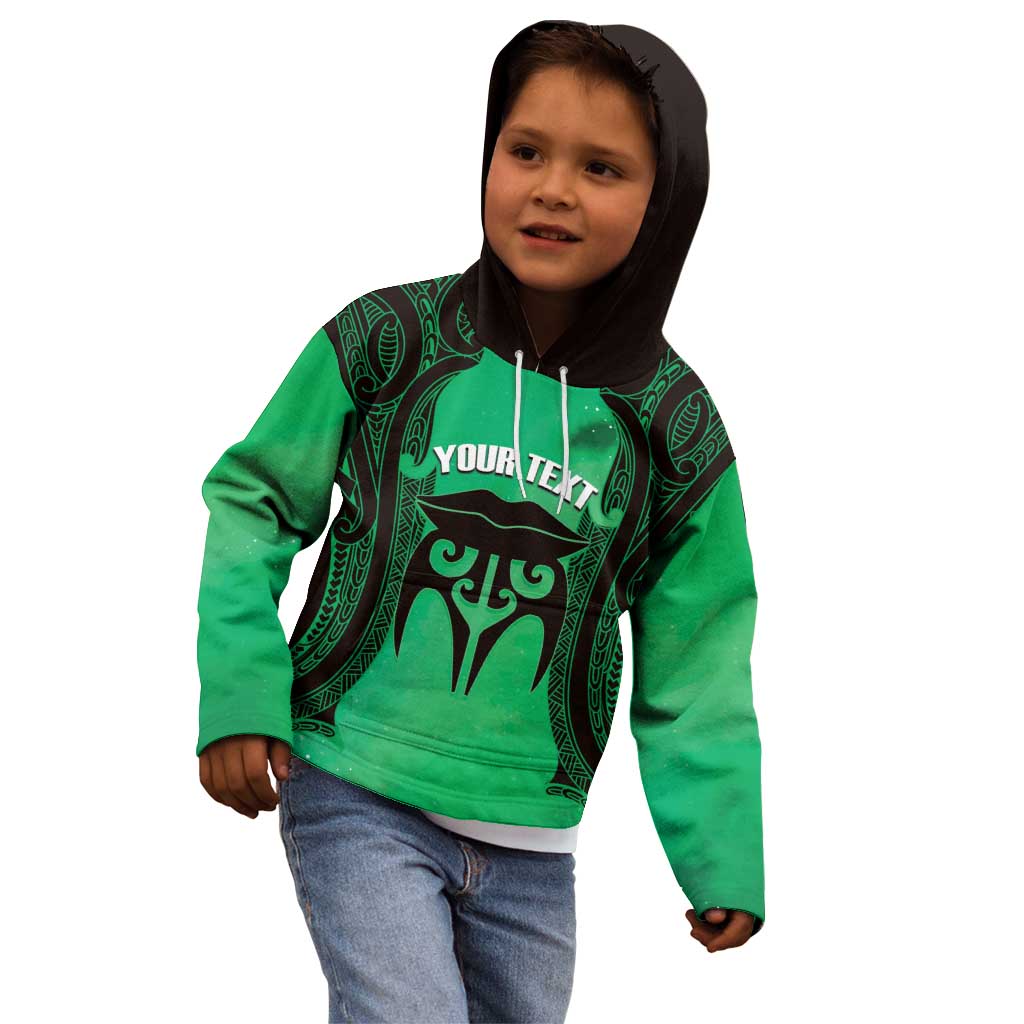 Personalised Moko Kauae New Zealand Kid Hoodie Maori Chin Tattoo Green - Polynesian Pride