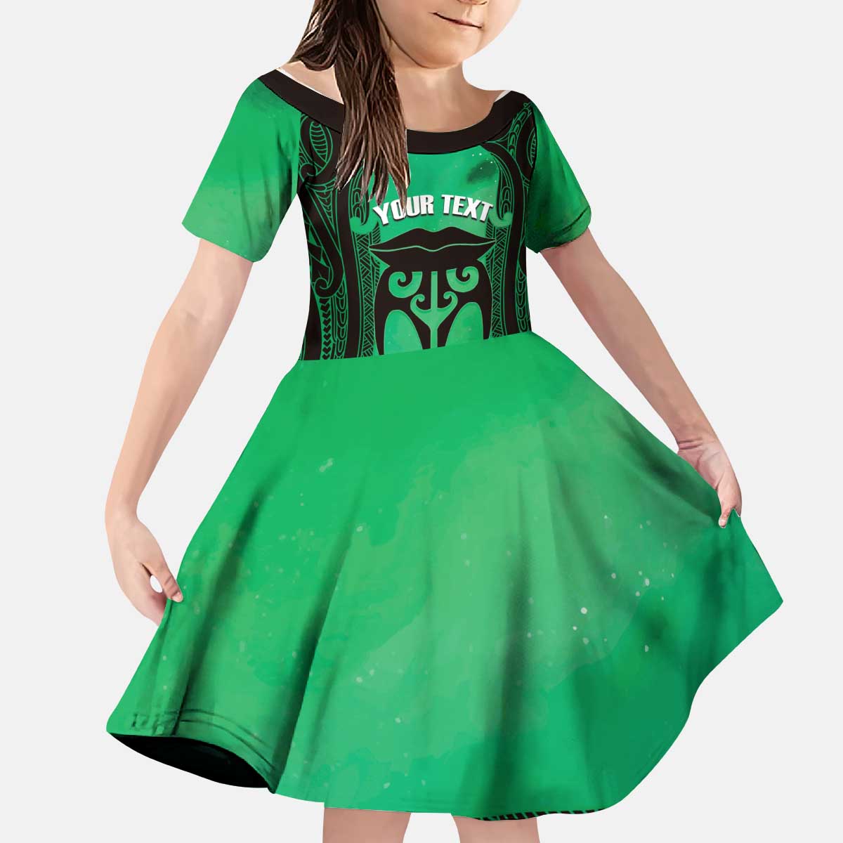 Personalised Moko Kauae New Zealand Kid Short Sleeve Dress Maori Chin Tattoo Green - Polynesian Pride