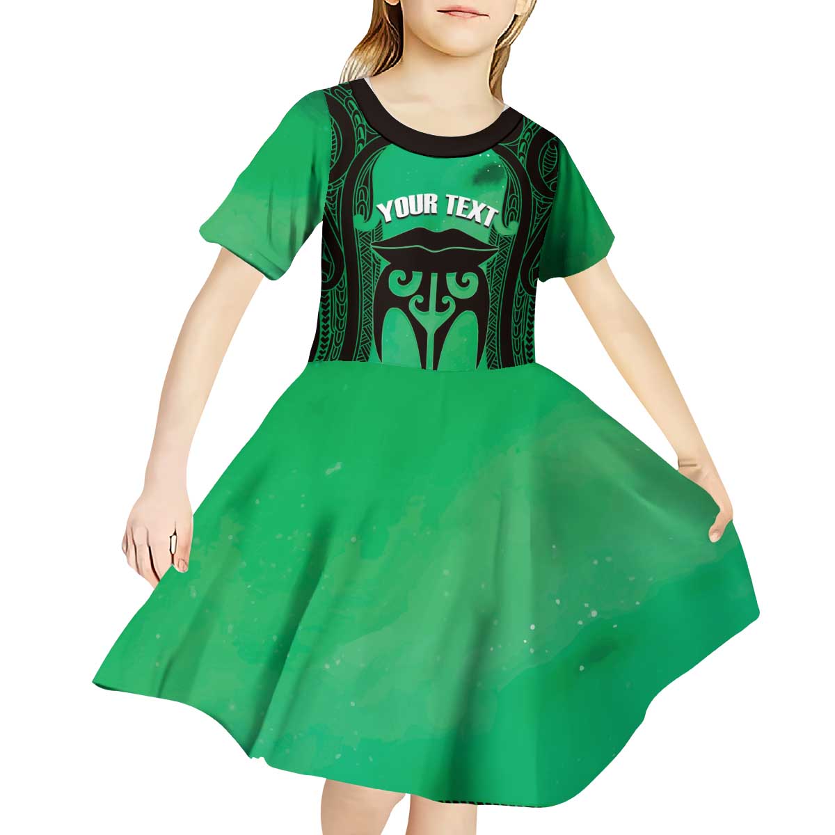 Personalised Moko Kauae New Zealand Kid Short Sleeve Dress Maori Chin Tattoo Green - Polynesian Pride