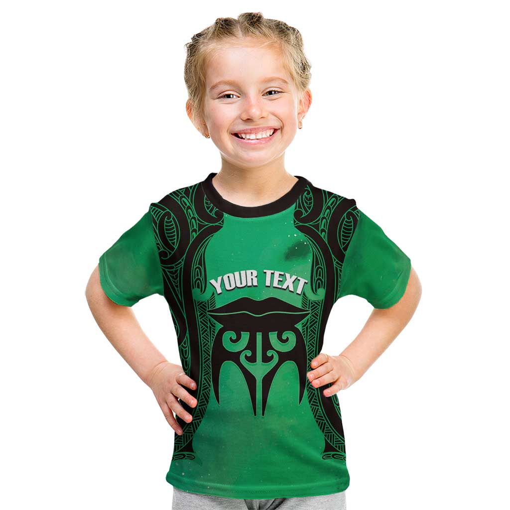Personalised Moko Kauae New Zealand Kid T Shirt Maori Chin Tattoo Green - Polynesian Pride