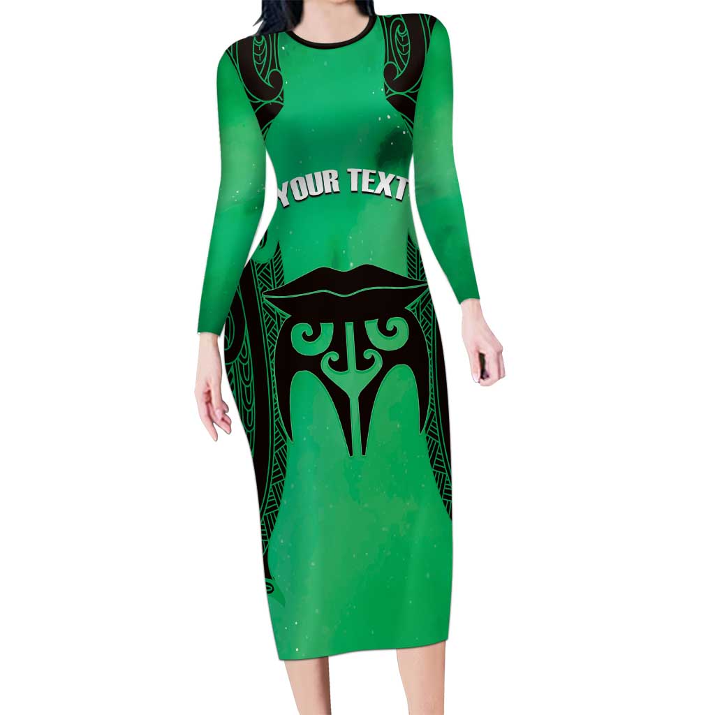 Personalised Moko Kauae New Zealand Long Sleeve Bodycon Dress Maori Chin Tattoo Green - Polynesian Pride