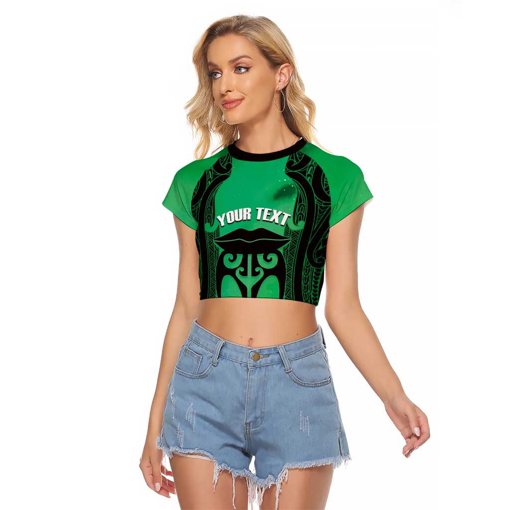 Personalised Moko Kauae New Zealand Raglan Cropped T Shirt Maori Chin Tattoo Green - Polynesian Pride