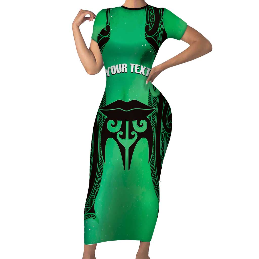 Personalised Moko Kauae New Zealand Short Sleeve Bodycon Dress Maori Chin Tattoo Green - Polynesian Pride