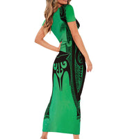 Personalised Moko Kauae New Zealand Short Sleeve Bodycon Dress Maori Chin Tattoo Green - Polynesian Pride