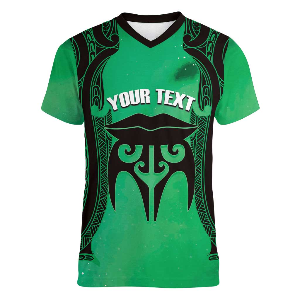 Personalised Moko Kauae New Zealand Women V-Neck T-Shirt Maori Chin Tattoo Green - Polynesian Pride