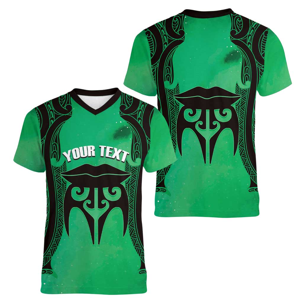 Personalised Moko Kauae New Zealand Women V-Neck T-Shirt Maori Chin Tattoo Green LT14 - Polynesian Pride