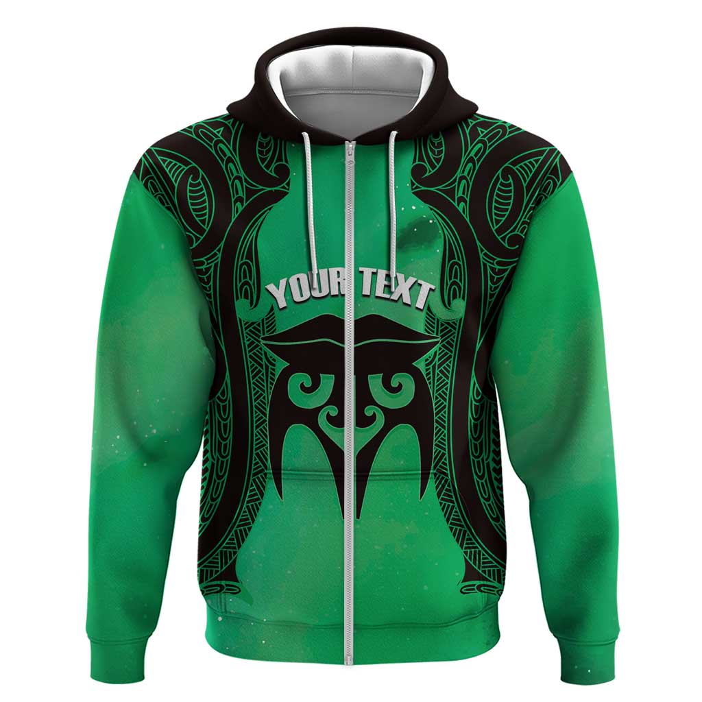 Personalised Moko Kauae New Zealand Zip Hoodie Maori Chin Tattoo Green - Polynesian Pride