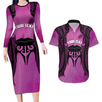 Personalised Moko Kauae New Zealand Couples Matching Long Sleeve Bodycon Dress and Hawaiian Shirt Maori Chin Tattoo Pink LT14 Pink - Polynesian Pride