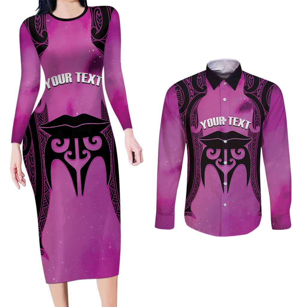 Personalised Moko Kauae New Zealand Couples Matching Long Sleeve Bodycon Dress and Long Sleeve Button Shirt Maori Chin Tattoo Pink LT14 Pink - Polynesian Pride