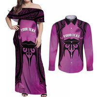 Personalised Moko Kauae New Zealand Couples Matching Off Shoulder Maxi Dress and Long Sleeve Button Shirt Maori Chin Tattoo Pink LT14 Pink - Polynesian Pride