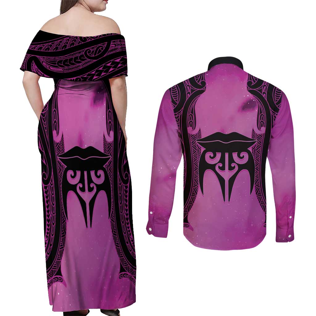 Personalised Moko Kauae New Zealand Couples Matching Off Shoulder Maxi Dress and Long Sleeve Button Shirt Maori Chin Tattoo Pink LT14 - Polynesian Pride