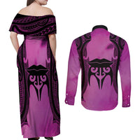 Personalised Moko Kauae New Zealand Couples Matching Off Shoulder Maxi Dress and Long Sleeve Button Shirt Maori Chin Tattoo Pink LT14 - Polynesian Pride