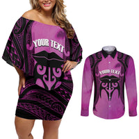 Personalised Moko Kauae New Zealand Couples Matching Off Shoulder Short Dress and Long Sleeve Button Shirt Maori Chin Tattoo Pink LT14 Pink - Polynesian Pride
