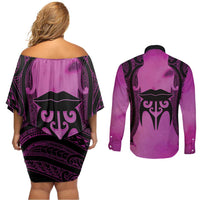 Personalised Moko Kauae New Zealand Couples Matching Off Shoulder Short Dress and Long Sleeve Button Shirt Maori Chin Tattoo Pink LT14 - Polynesian Pride