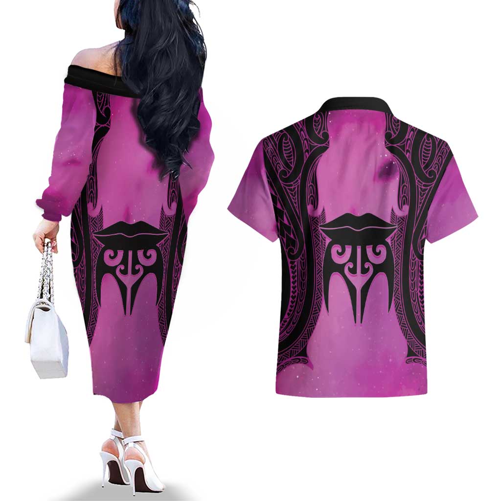 Personalised Moko Kauae New Zealand Couples Matching Off The Shoulder Long Sleeve Dress and Hawaiian Shirt Maori Chin Tattoo Pink - Polynesian Pride