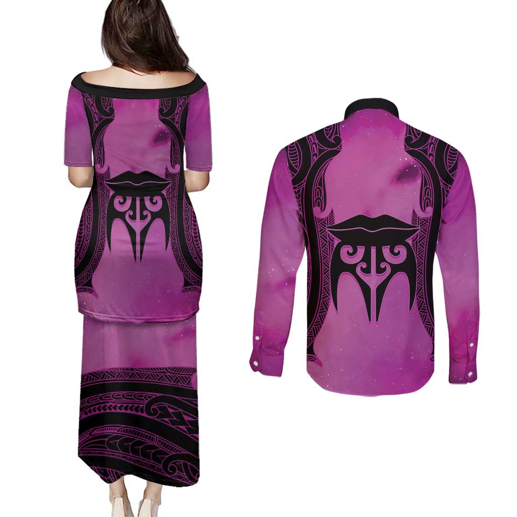 Personalised Moko Kauae New Zealand Couples Matching Puletasi and Long Sleeve Button Shirt Maori Chin Tattoo Pink LT14 - Polynesian Pride
