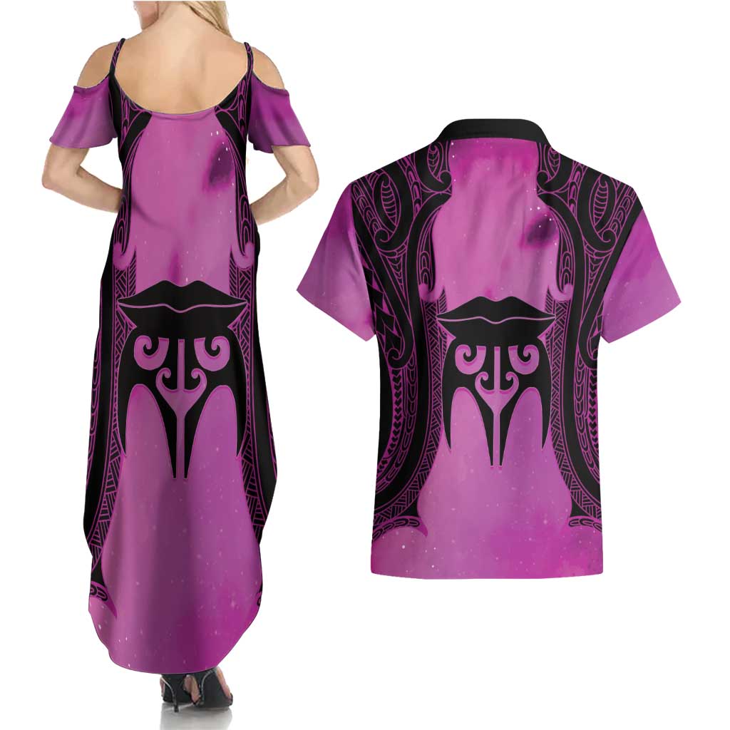 Personalised Moko Kauae New Zealand Couples Matching Summer Maxi Dress and Hawaiian Shirt Maori Chin Tattoo Pink LT14 - Polynesian Pride