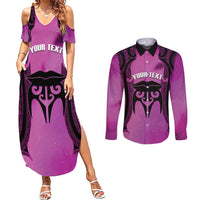 Personalised Moko Kauae New Zealand Couples Matching Summer Maxi Dress and Long Sleeve Button Shirt Maori Chin Tattoo Pink LT14 Pink - Polynesian Pride