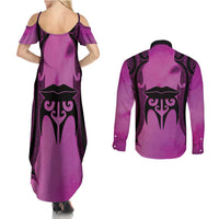 Personalised Moko Kauae New Zealand Couples Matching Summer Maxi Dress and Long Sleeve Button Shirt Maori Chin Tattoo Pink LT14 - Polynesian Pride