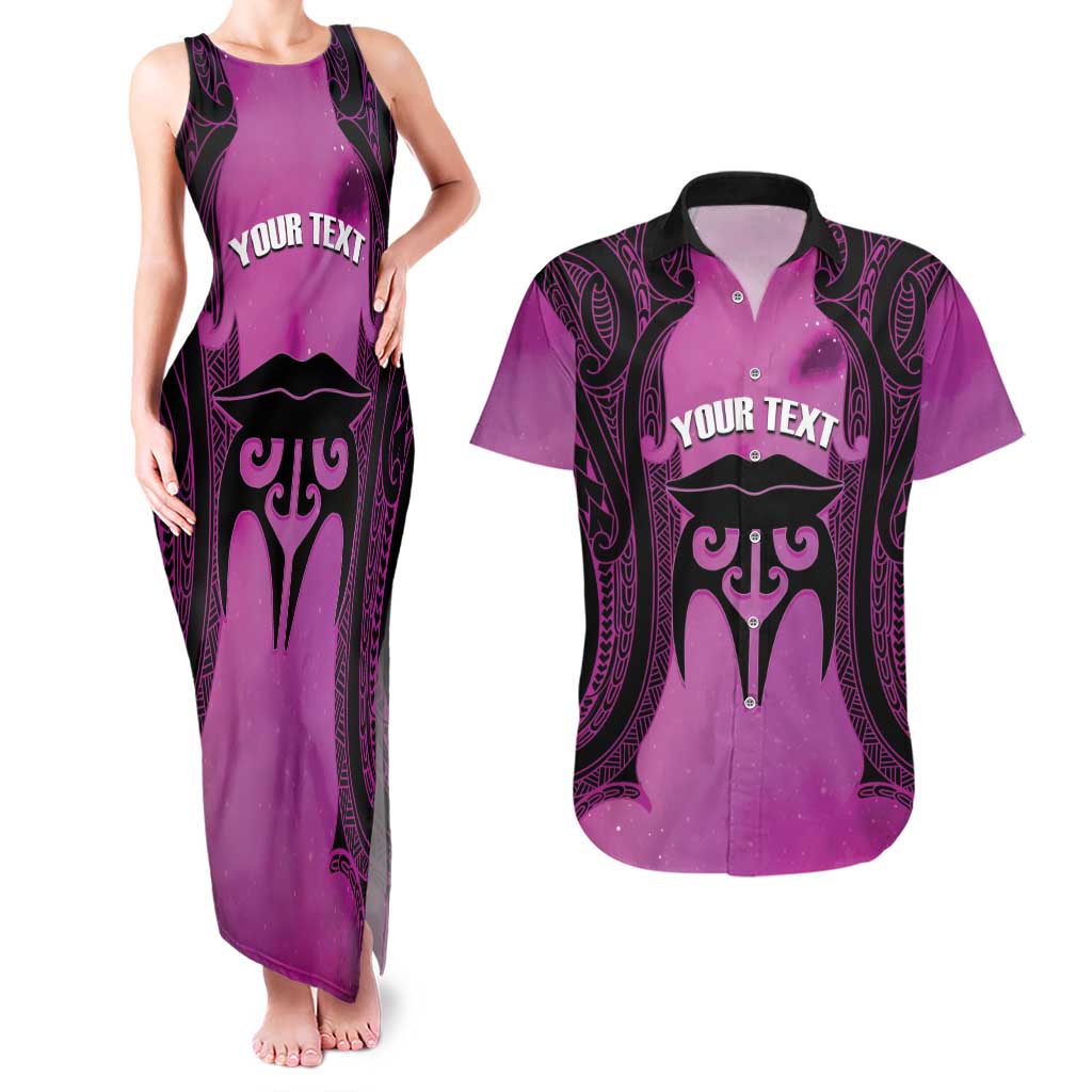 Personalised Moko Kauae New Zealand Couples Matching Tank Maxi Dress and Hawaiian Shirt Maori Chin Tattoo Pink - Polynesian Pride