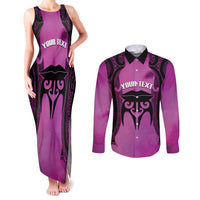 Personalised Moko Kauae New Zealand Couples Matching Tank Maxi Dress and Long Sleeve Button Shirt Maori Chin Tattoo Pink LT14 Pink - Polynesian Pride