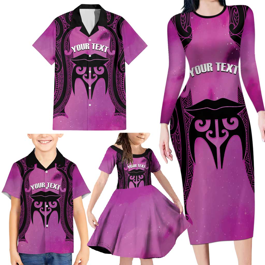 Personalised Moko Kauae New Zealand Family Matching Long Sleeve Bodycon Dress and Hawaiian Shirt Maori Chin Tattoo Pink - Polynesian Pride