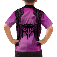 Personalised Moko Kauae New Zealand Family Matching Off The Shoulder Long Sleeve Dress and Hawaiian Shirt Maori Chin Tattoo Pink - Polynesian Pride