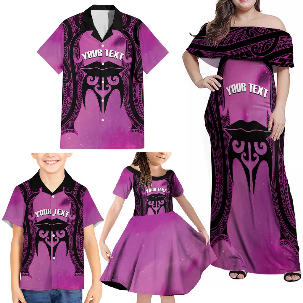 Personalised Moko Kauae New Zealand Family Matching Off Shoulder Maxi Dress and Hawaiian Shirt Maori Chin Tattoo Pink - Polynesian Pride