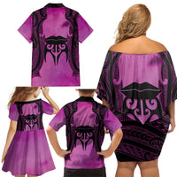 Personalised Moko Kauae New Zealand Family Matching Off Shoulder Short Dress and Hawaiian Shirt Maori Chin Tattoo Pink LT14 - Polynesian Pride