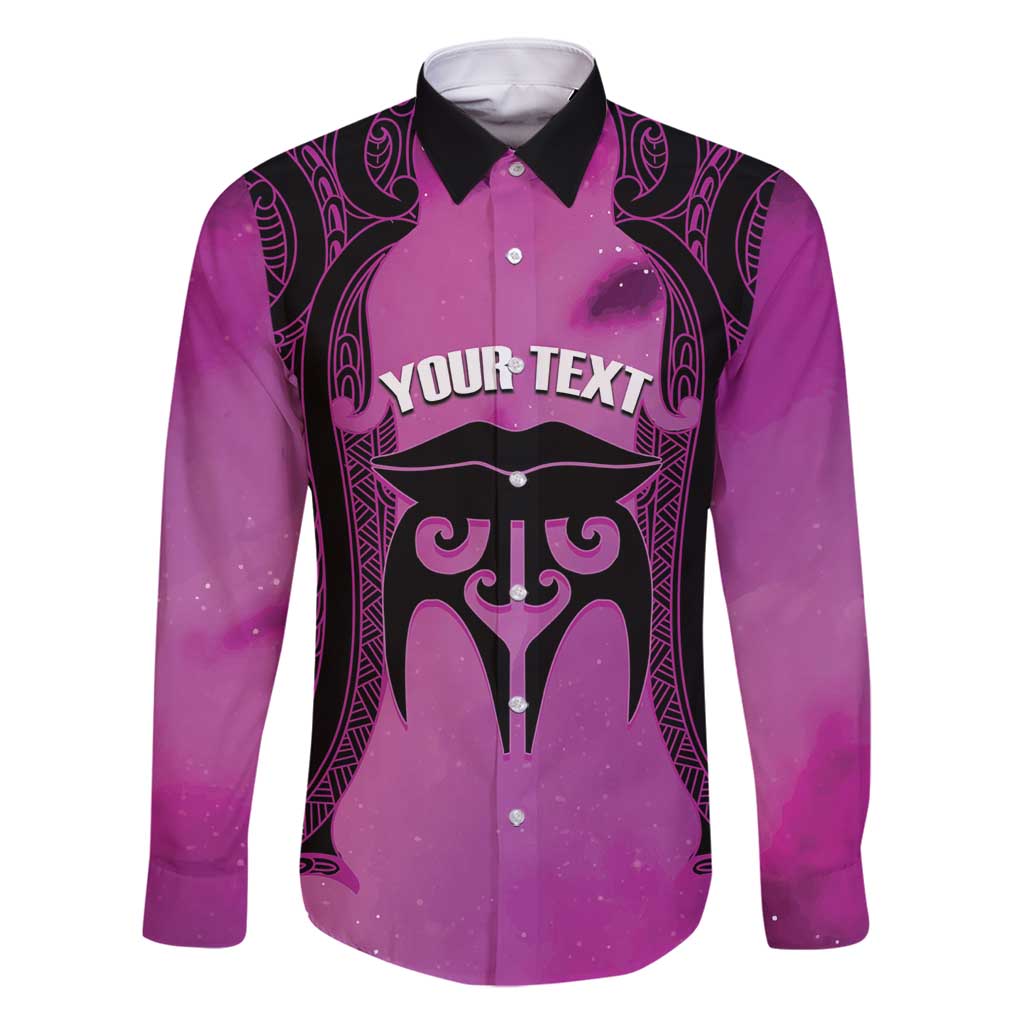 Personalised Moko Kauae New Zealand Family Matching Off Shoulder Short Dress and Hawaiian Shirt Maori Chin Tattoo Pink LT14 Dad's Shirt - Long Sleeve Pink - Polynesian Pride