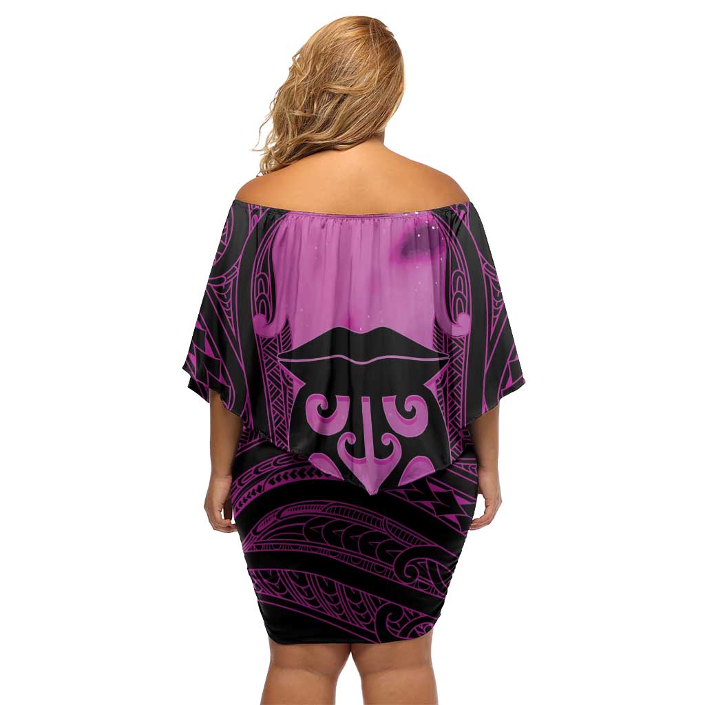 Personalised Moko Kauae New Zealand Family Matching Off Shoulder Short Dress and Hawaiian Shirt Maori Chin Tattoo Pink LT14 - Polynesian Pride