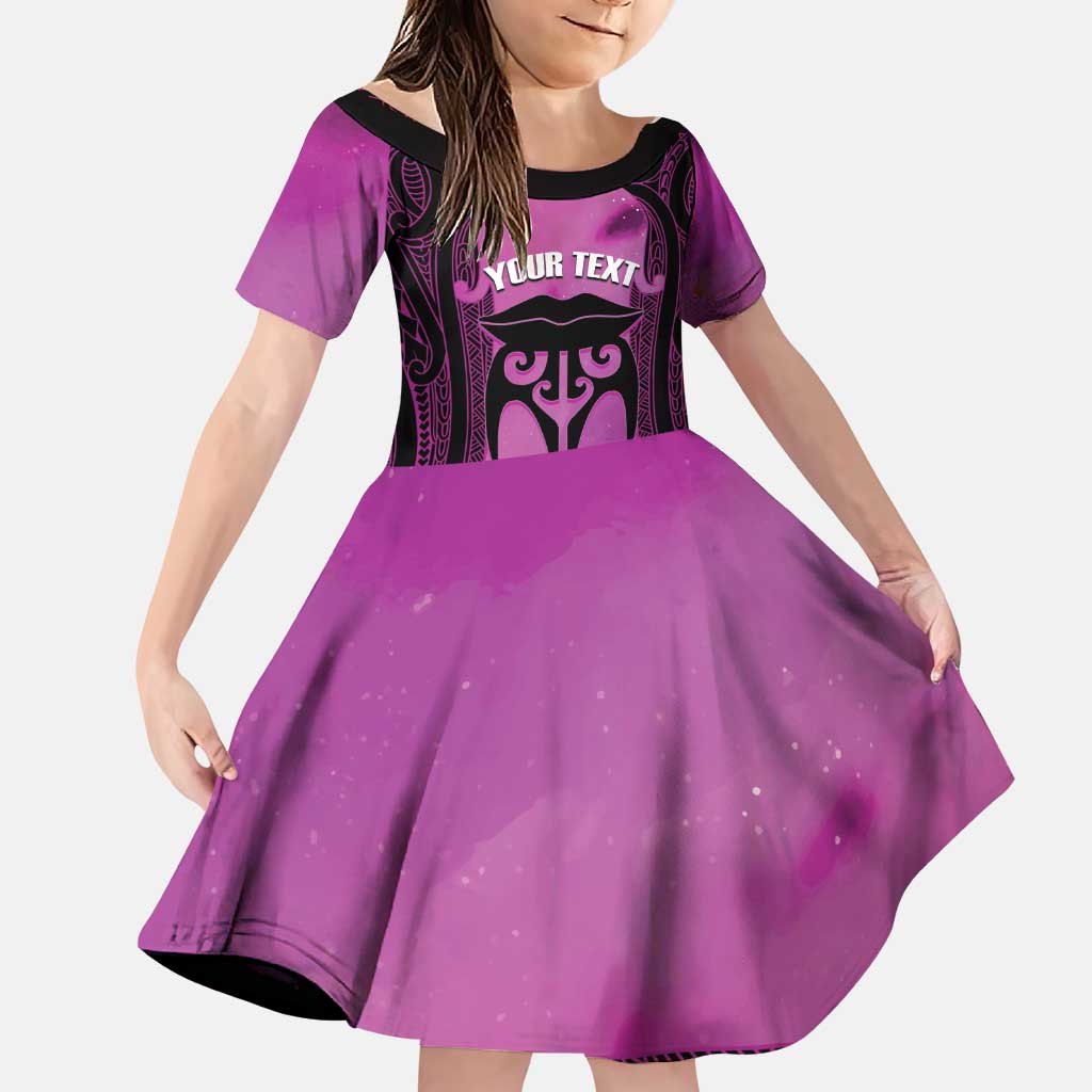 Personalised Moko Kauae New Zealand Family Matching Puletasi and Hawaiian Shirt Maori Chin Tattoo Pink LT14 Daughter's Dress Pink - Polynesian Pride