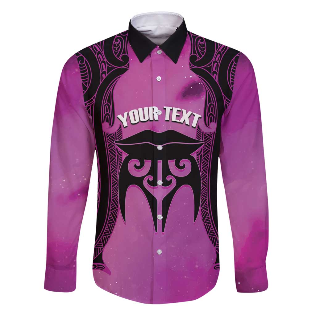 Personalised Moko Kauae New Zealand Family Matching Puletasi and Hawaiian Shirt Maori Chin Tattoo Pink LT14 Dad's Shirt - Long Sleeve Pink - Polynesian Pride