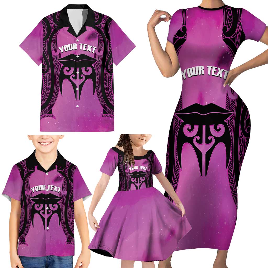 Personalised Moko Kauae New Zealand Family Matching Short Sleeve Bodycon Dress and Hawaiian Shirt Maori Chin Tattoo Pink - Polynesian Pride