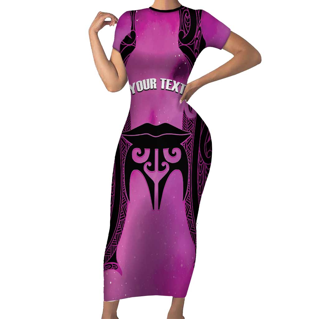 Personalised Moko Kauae New Zealand Family Matching Short Sleeve Bodycon Dress and Hawaiian Shirt Maori Chin Tattoo Pink - Polynesian Pride