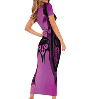 Personalised Moko Kauae New Zealand Family Matching Short Sleeve Bodycon Dress and Hawaiian Shirt Maori Chin Tattoo Pink - Polynesian Pride