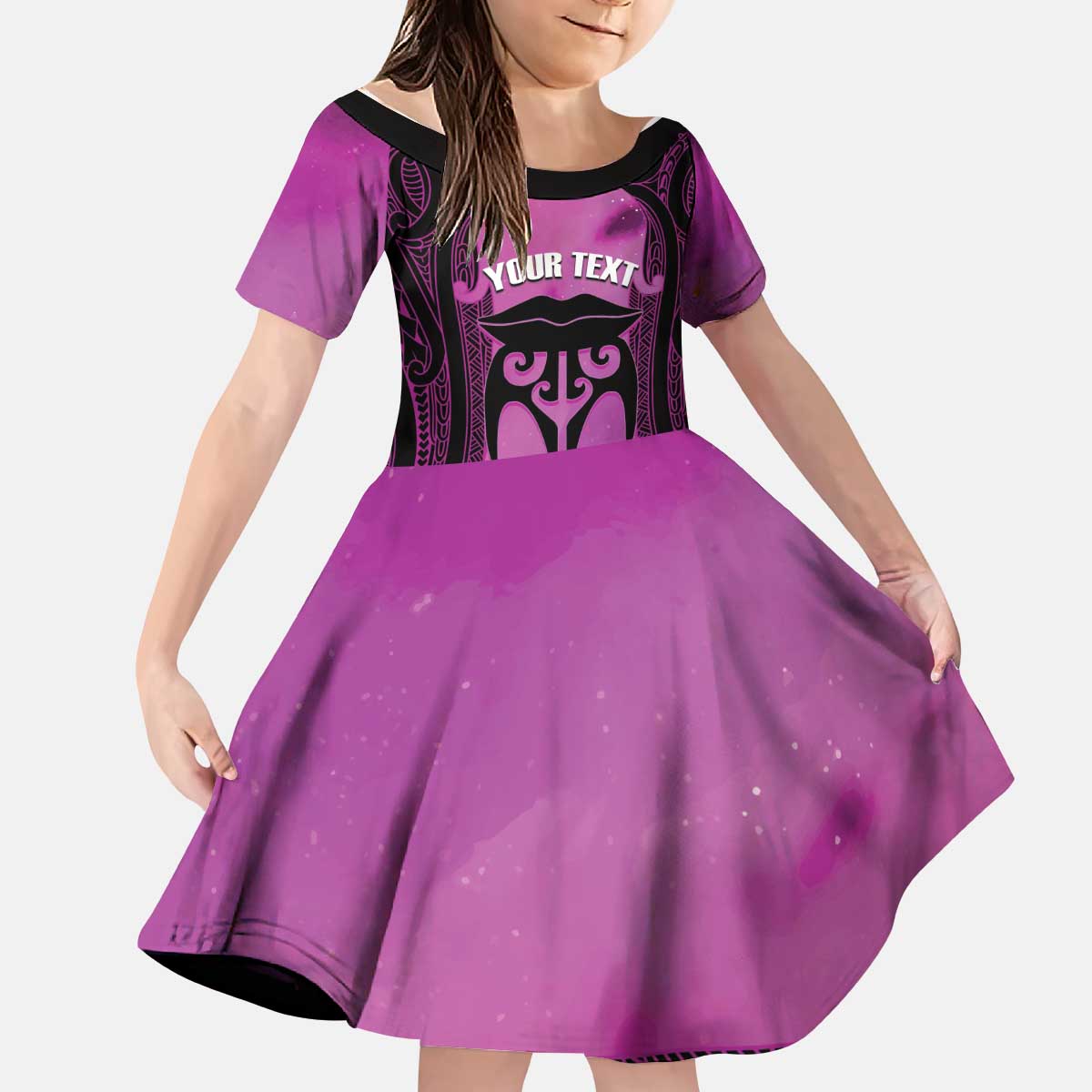 Personalised Moko Kauae New Zealand Kid Short Sleeve Dress Maori Chin Tattoo Pink - Polynesian Pride