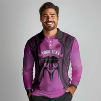 Personalised Moko Kauae New Zealand Long Sleeve Polo Shirt Maori Chin Tattoo Pink LT14 - Polynesian Pride