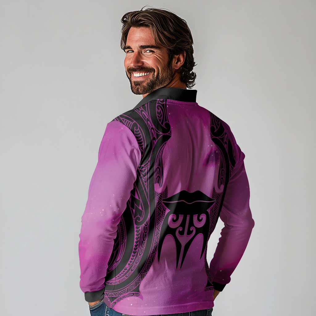 Personalised Moko Kauae New Zealand Long Sleeve Polo Shirt Maori Chin Tattoo Pink LT14 - Polynesian Pride