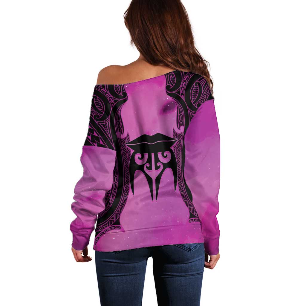 Personalised Moko Kauae New Zealand Off Shoulder Sweater Maori Chin Tattoo Pink - Polynesian Pride