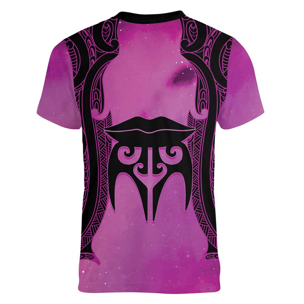 Personalised Moko Kauae New Zealand Women V-Neck T-Shirt Maori Chin Tattoo Pink LT14 - Polynesian Pride